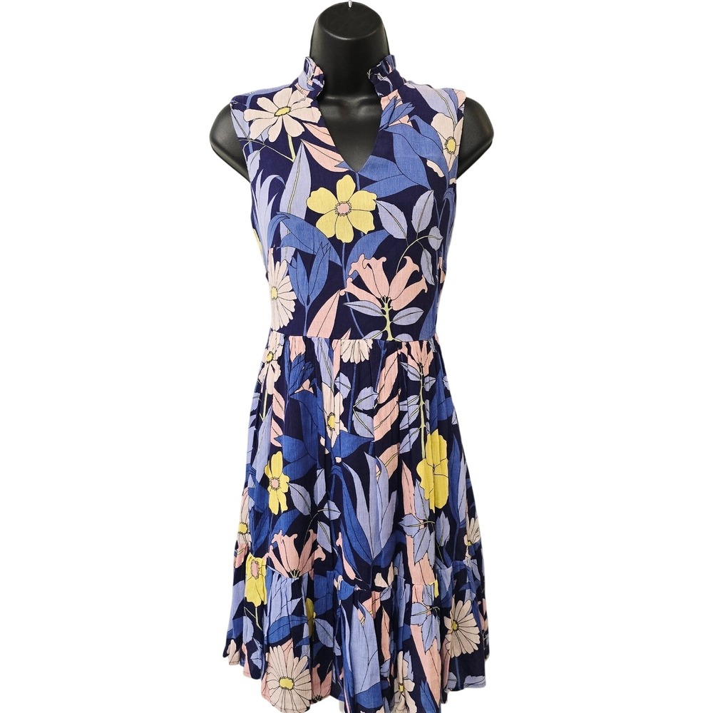NWT Tori‎ Richard Paola Dress Navy Blue Floral Cotton Rayon Tiered XS 7627-WQ76